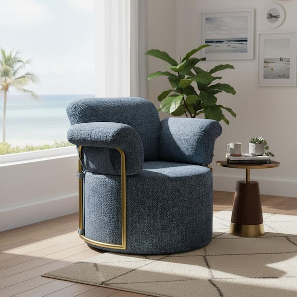Homy Casa GSXYDK 41.73 in. Round Arm Velvet Curved Sofa w/ Barrel Swivel Accent Chair and Modern Ergonomic Design in Denim Blue