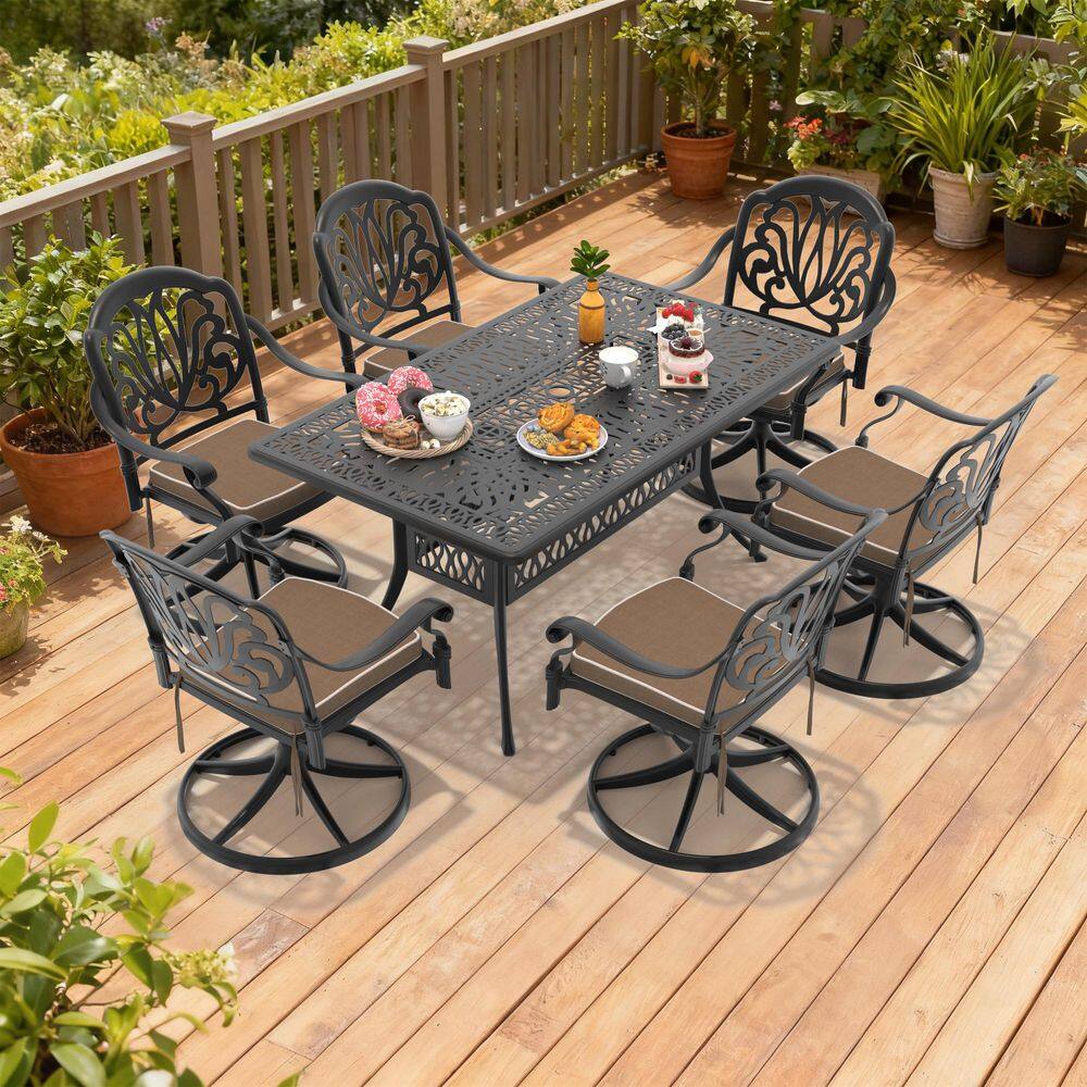 Black 7-Piece Cast Aluminum Outdoor Dining Set with 6 Swivel Rockers with Brown Cushion and Rectangular Table