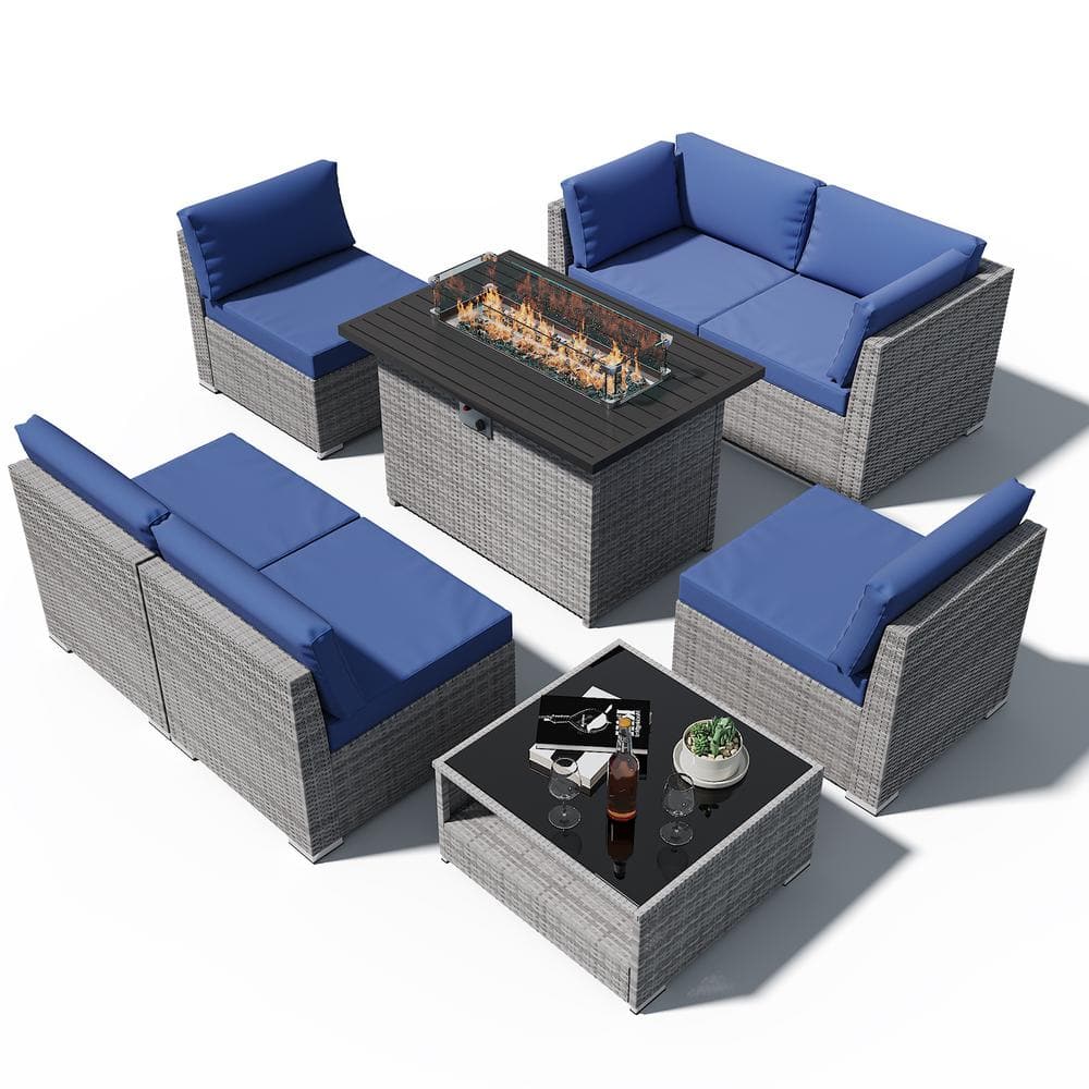 EAGLE PEAK 8-Piece Outdoor Wicker Patio Furniture Set with Fire Table ...