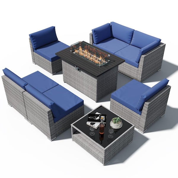 EAGLE PEAK 8-Piece Outdoor Wicker Patio Furniture Set with Fire Table and Coffee Table, Dark Blue