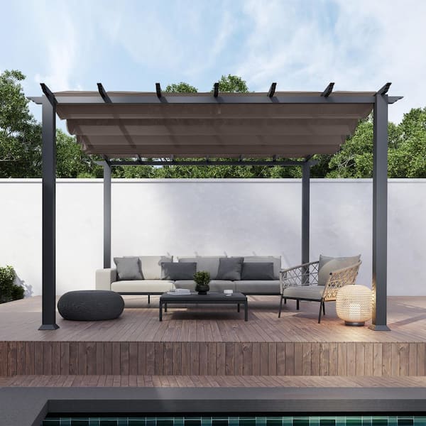 Paragon Outdoor Florence 11 ft. x 11 ft. Aluminum Pergola in Gray Finish and Cocoa Canopy