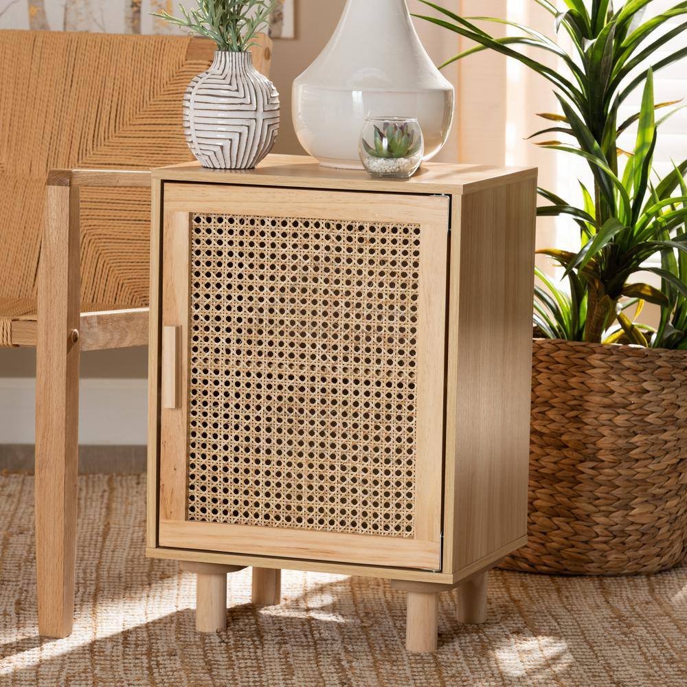 Mid-Century Modern Natural Brown Pine & MDF End Table with Rattan Door