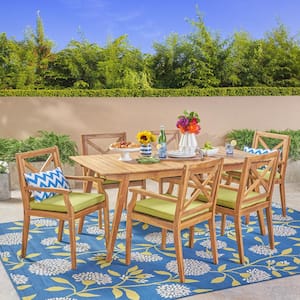 Mesa Teak Brown 7-Piece Wood Outdoor Dining Set with Green Cushions