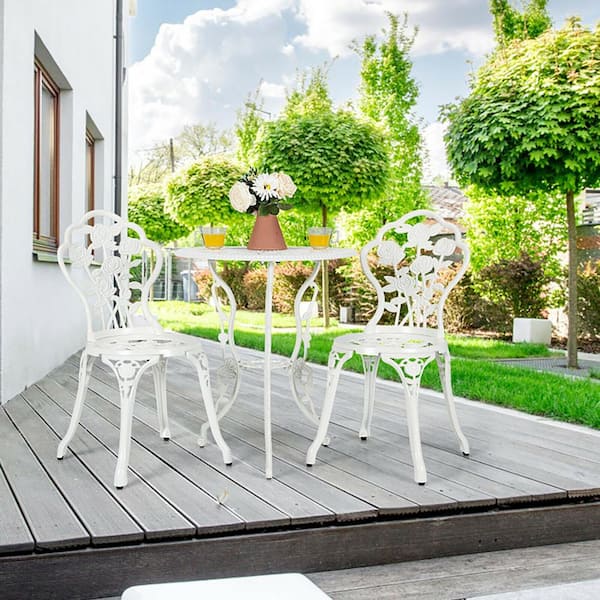 Boyel Living Outdoor Cast Aluminum Outdoor Bistro Set with Rose Design-White