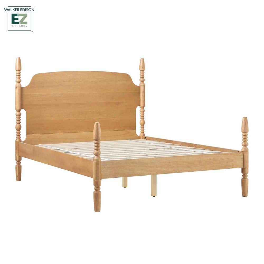 Natural Solid Wood Queen Spindle Bed Frame with Upholstered Headboard