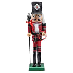 15 in. Wooden Christmas Buffalo Plaid Nutcracker-Red and Black Nutcracker Soldier with Acorn Staff and Holly Wreath
