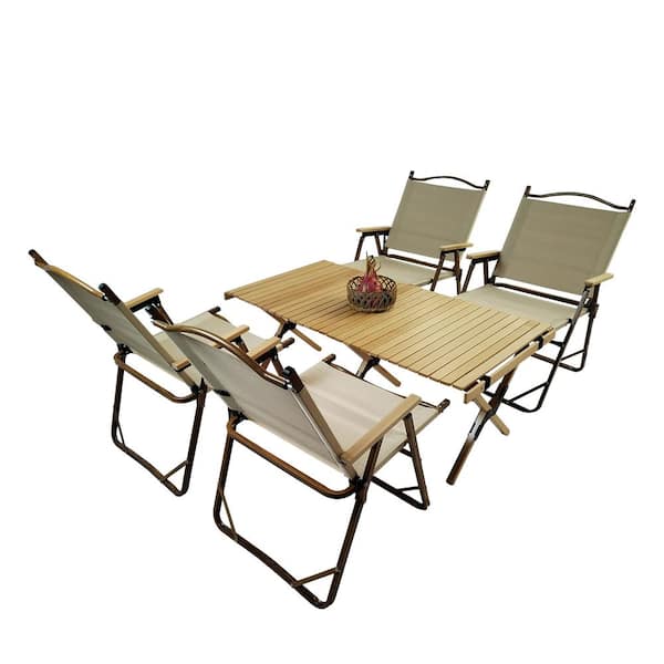 Zeus & Ruta 5-Piece Natural Wood Multi-Function Foldable and Portable Outdoor Dining Set 1 Dining Table Plus 4 Folding Chairs
