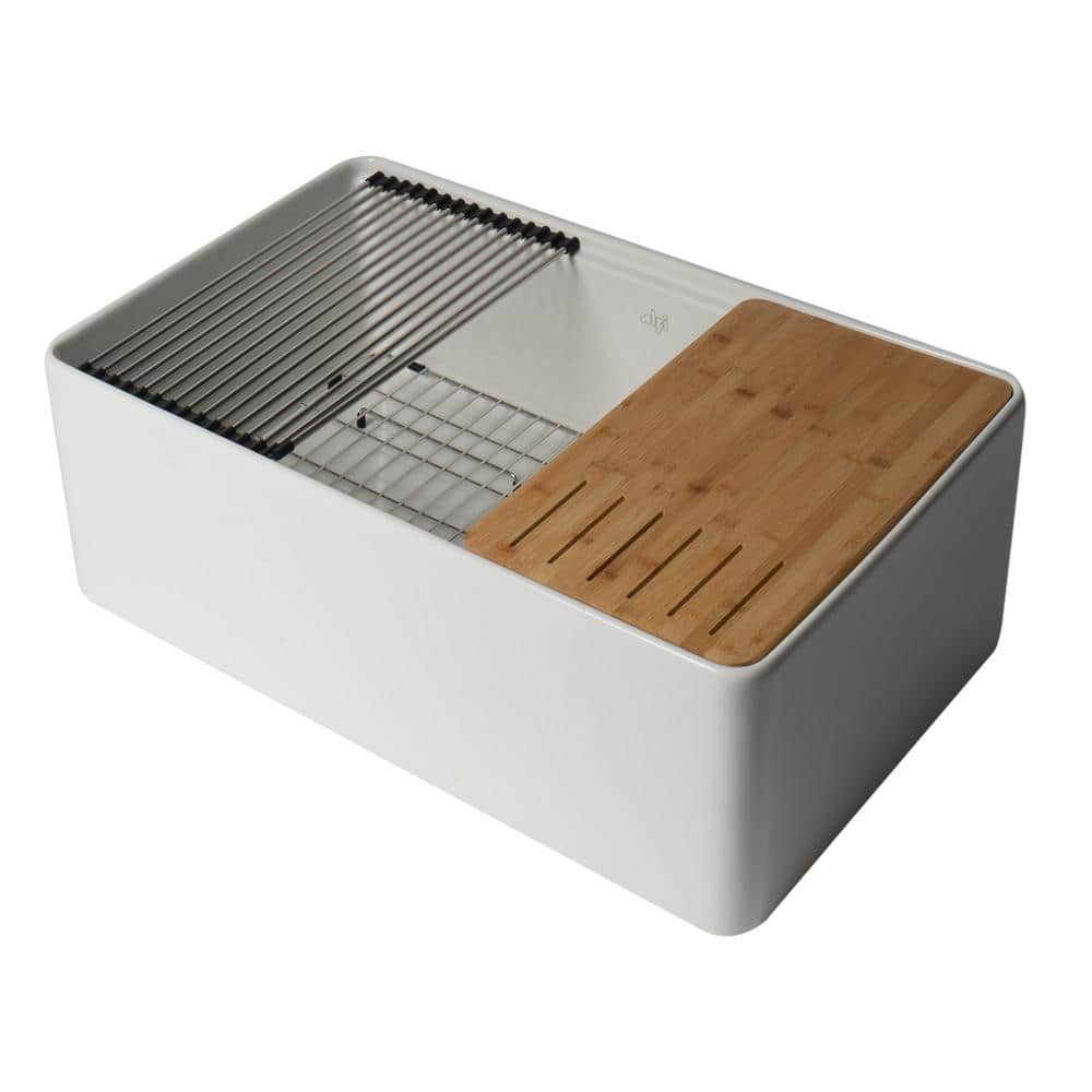 White Fireclay Farmhouse Drop-In Single Bowl Sink