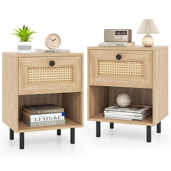 2-Pcs Natural 1-Drawer 16 in. W Rattan Nightstand Boho End Table with Drawer and Open Shelf for Living Room