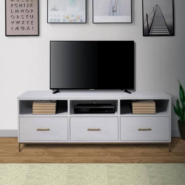 Benjara 64 in. White Wood TV Stand Fits TVs up to 58 in. with Open Shelves