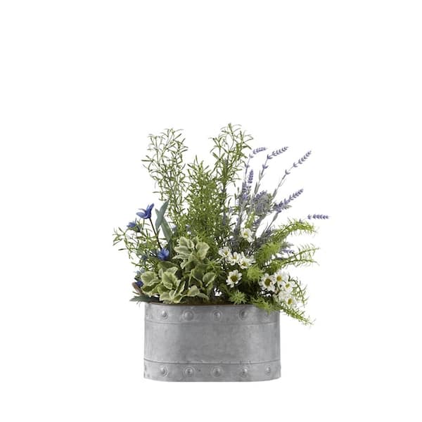 D&W Silks Artificial Indoor Lavender, Wild Asparagus, Mint and Rosemary in Oval Metal Planter