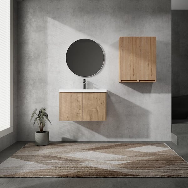 UPIKER Combined 29.5 in. W X 18.1 in. D x 19.3 in. H Floating Bath Vanity in Imitative Oak with White Resin Vanity Top