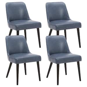 Leo Navy Blue Mid-Century Modern Dining Chairs with PU Leather Seat and Wood Legs for Kitchen and Dining Room (Set of 4)