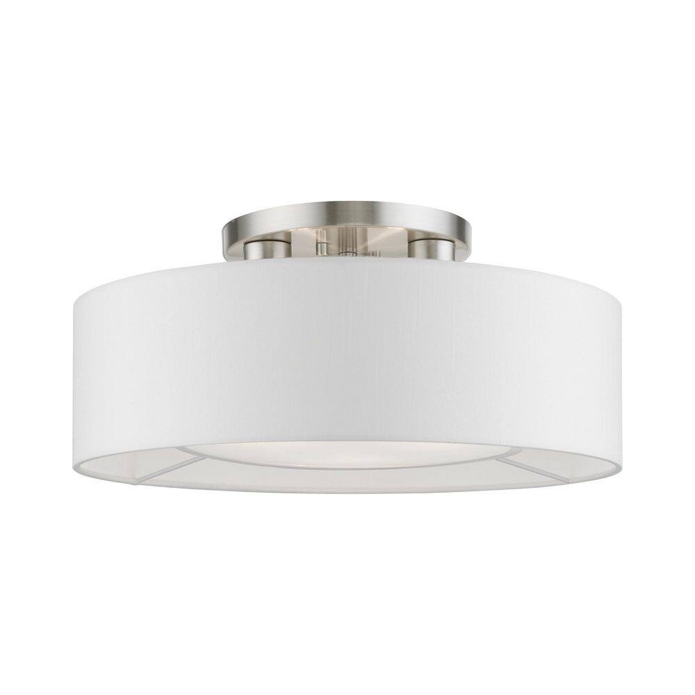Elegant Brushed Nickel 3-Light Semi-Flush Mount with Off-White Drum Shade