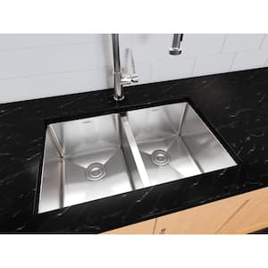 Prestige Series Undermount Stainless Steel 28 in. Double Bowl Kitchen Sink in Satin-Finish with Grids & Strainers