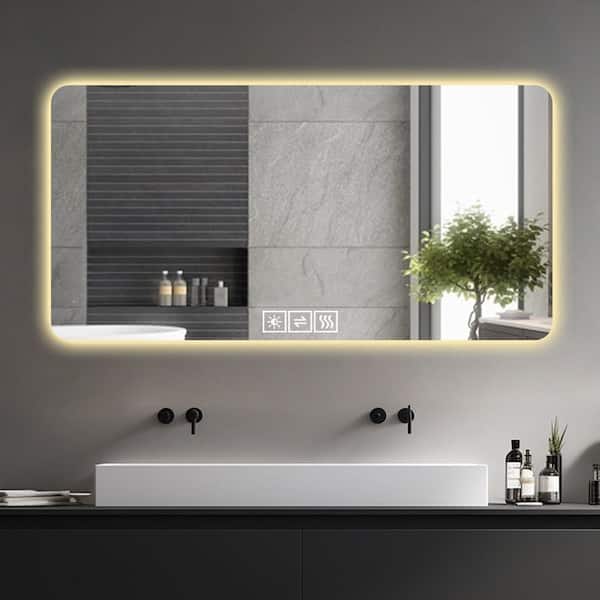 59.1 in. W x 27.5 in. H Rectangle Silver Metal Framed LED Bathroom Mirror, 3-Color Dimmable 1-Touch Demist Mirror