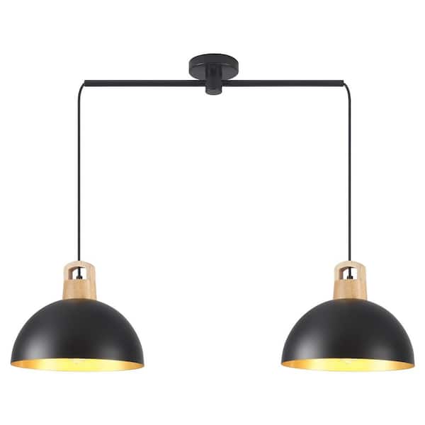 2-Light Black Industrial Modern Pendant Light Chandelier with Dome Metal Shade Height Adjustable