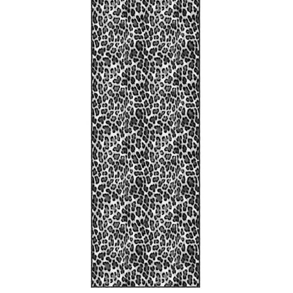 Non-Slip Rubberback Leopard/Animal Print Design 8 x 21 Indoor Area Rug, 7 ft. 10 in. x 21 ft., Black/White