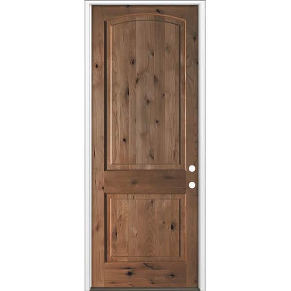 42 in. x 96 in. Rustic Knotty Alder 2-Panel Arch Top Left-Hand/Inswing BEHR True Black Stain Wood Prehung Front Door