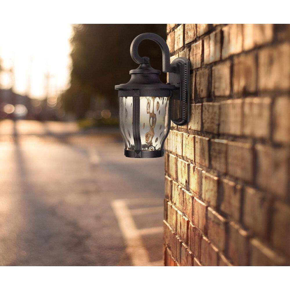 Black Aluminum LED Outdoor Wall Lantern with Clear Hammered Glass