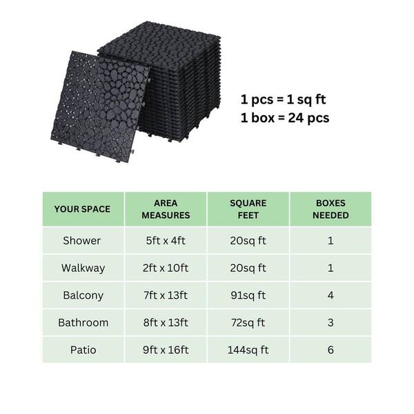 LIVIZA 1 ft. x 1 ft. Anti-Slip Plastic Deck Tile in Black (24-Piece), Pebble Stone Pattern