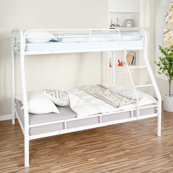 HOMESTOCK Sleek White Metal Bunk Bed-Twin Over Full, Bunk Sized Bed with Safety Rails and Ladder