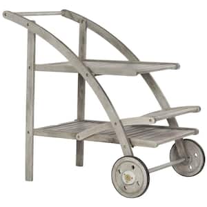 Lodi Grey Wash/Beige Acacia Wood Outdoor Bar Cart with Wheels