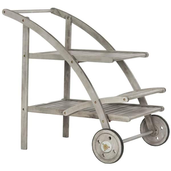 SAFAVIEH Lodi Grey Wash/Beige Acacia Wood Outdoor Bar Cart with Wheels