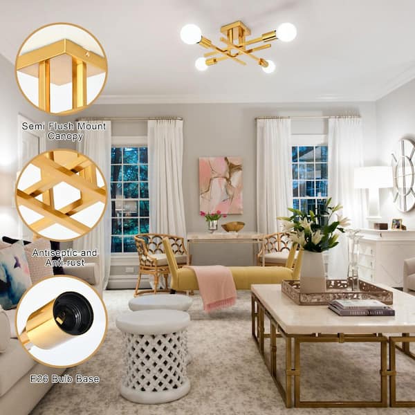 ZJVAIVE 18.11 in. 4-Light Modern Golden Semi- Flush Mount for