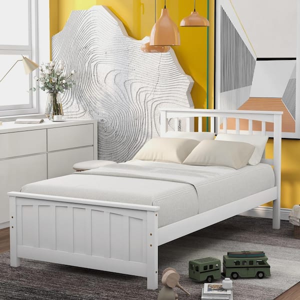 Twin Size White Platform Bed Frame with Wood Slats Twin Size Kid Bed Frame with Headboard No Box Spring Required