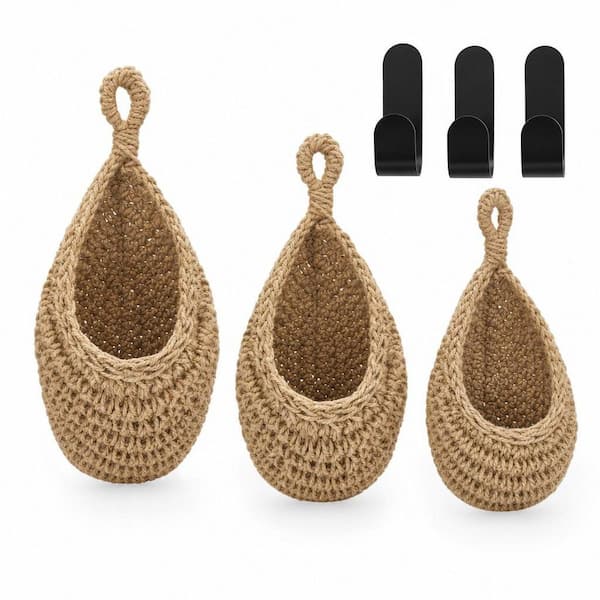 3-Piece Hanging Wall Fruit Basket, Teardrop Hanging Basket, Bohemian Storage, Wall Basket in Light Linen