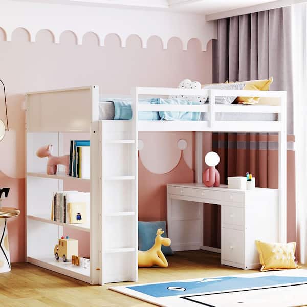Harper & Bright Designs White Full Size Wood Loft Bed with Ladder, 3 Shelves, 5 Drawers and Desk