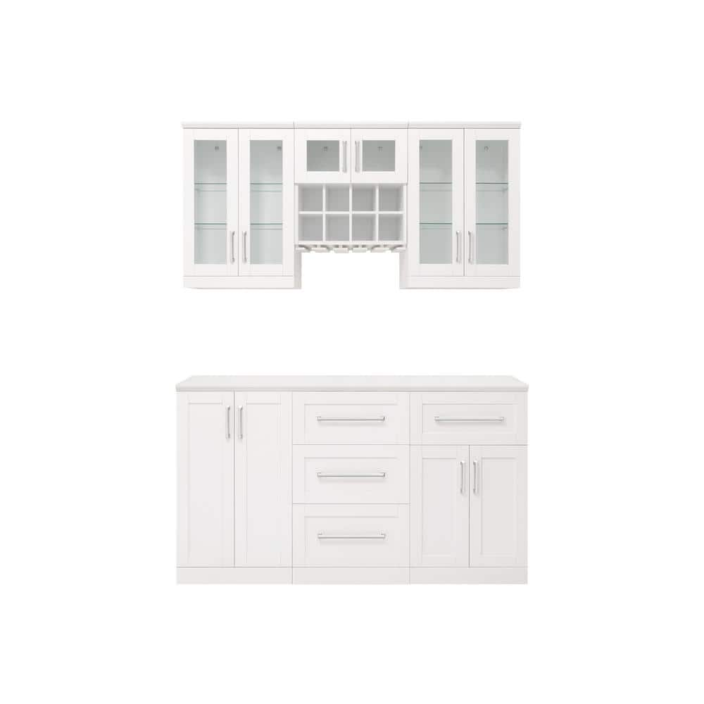 NewAge Products 21 Home Bar Series 12 Piece Set, Wet Bar Cabinets with Sink and Stemware Shelf - White - Granite Top