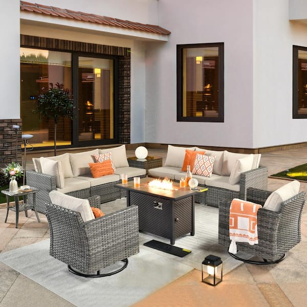 weaxty W Daffodil L Gray 11-Piece Wicker Patio Fire Pit Conversation Sofa Set with Swivel Rocking Chairs and Beige Cushions