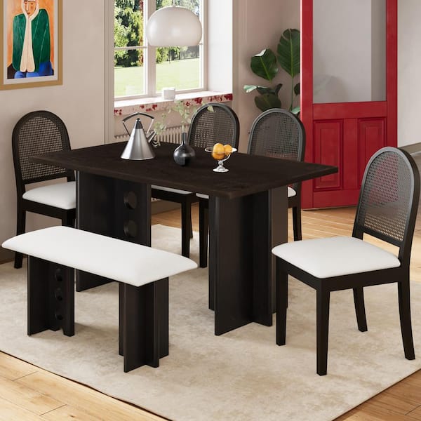Harper & Bright Designs 6-Piece Espresso Wood Top Dining Set with 4 Rattan Backrests and Linen Upholstered Chairs, Bench