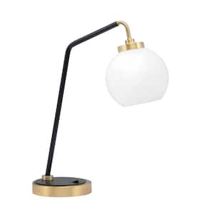 Delgado 16.5 in. Matte Black and New Age Brass Desk Lamp with 5 in. White Marble Glass