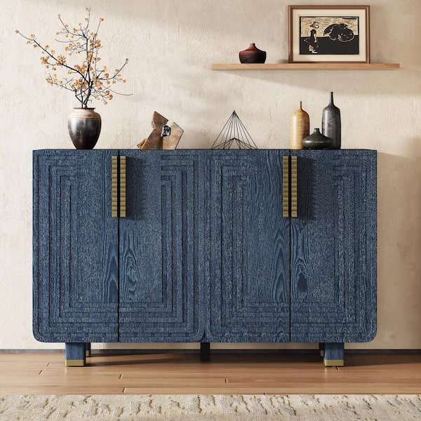 Vintage Fluted Antique Navy Wood 54 in. Sideboard with Adjustable Shelves