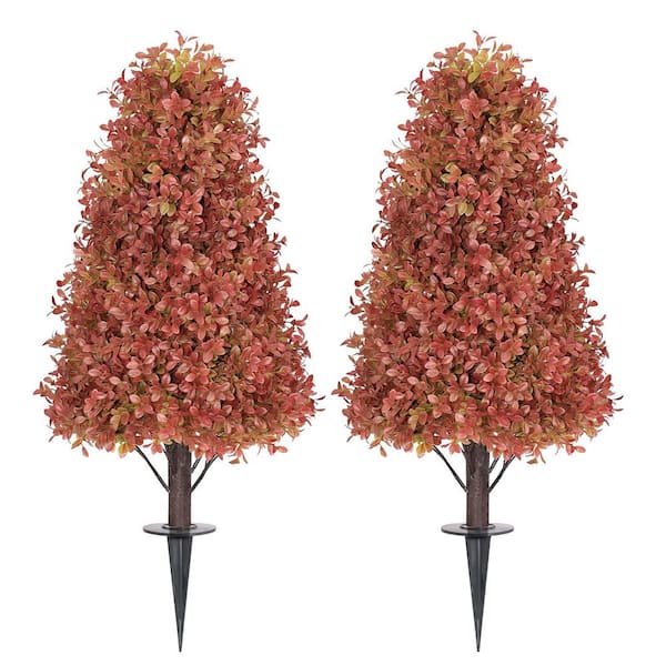 3 ft. Artificial Fake Autumn Fall Decor Boxwood Topiary Cone-Shape Tree with Ground Spike 2-Pack