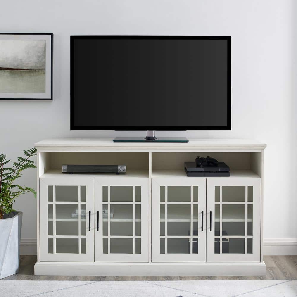 Brushed White Glass Door TV Stand with Cabinet, 58 Inch