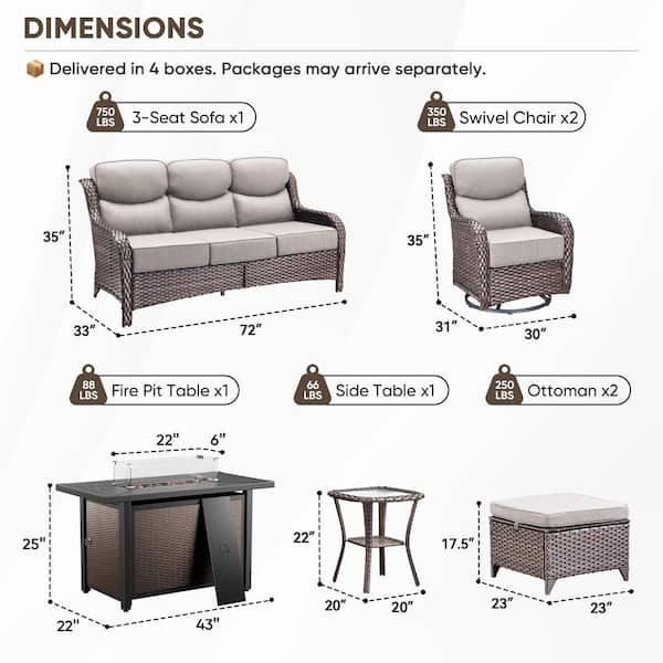 MoonLuxe Brown Wicker Fire Pit Conversation Set with Beige Olefin 6 in. Thick Cushions Patio Swivel Chairs (7-Piece)