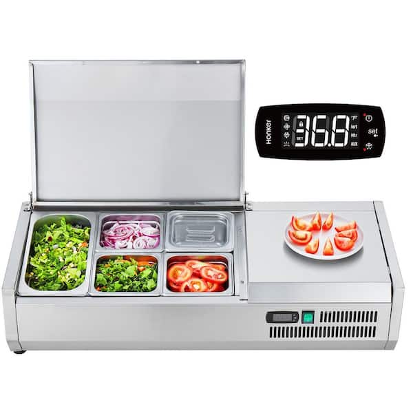 SKYSHALO Refrigerated Condiment Prep Station, 130-Watt Countertop Refrigerated Condiment Station, with 1 1/3 Pan and 4 1/6 Pans