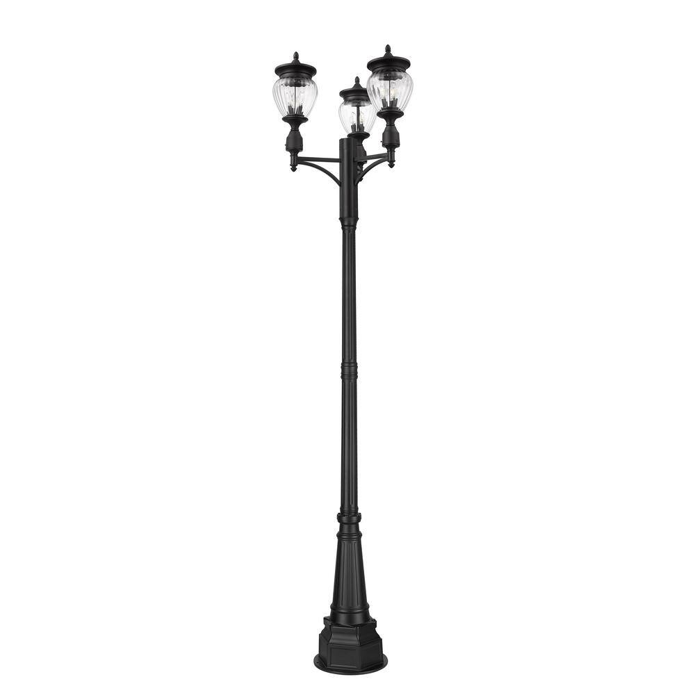 Textured Matte Black 3-Light Outdoor Post Lamp with Glass Shades