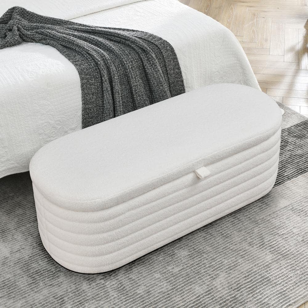 Cream White Upholstered Oval Storage Ottoman Bench