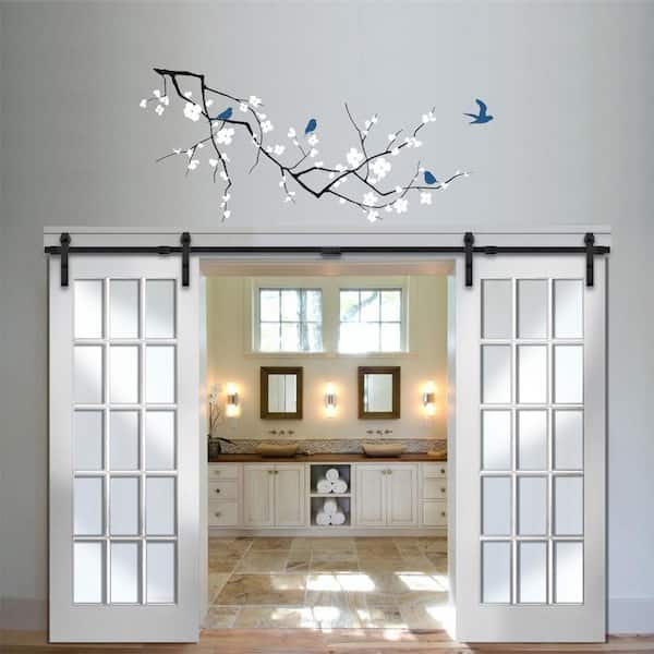 60 in. x 80 in. Primed Composite 15-Lite Clear Double Sliding Barn Door with Hardware Kit