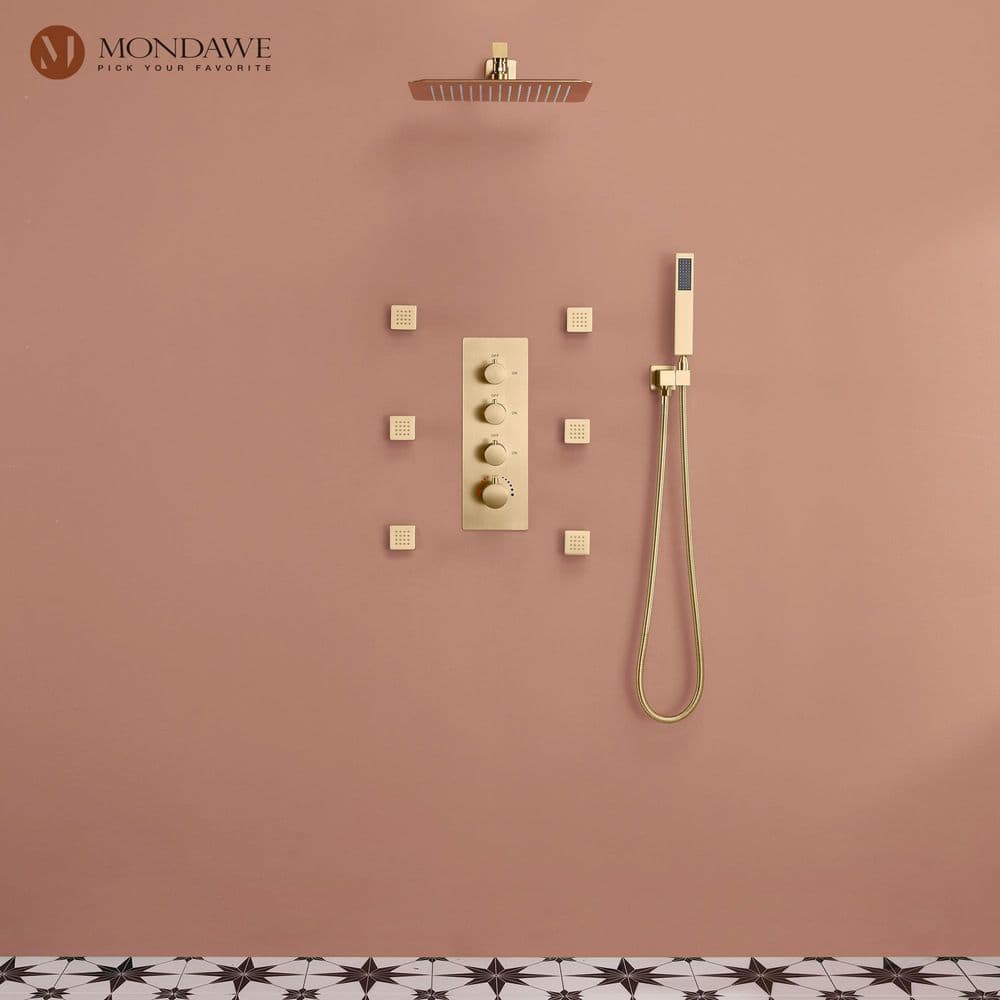 Brushed Gold Dual Square Wall Mounted Shower System with Body Jets