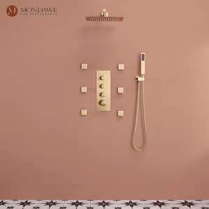 Luxury 3-Spray Patterns Thermostatic 12 in. Wall Mount Rainfall Dual Shower Heads with 6-Body Spray in Brushed Golden