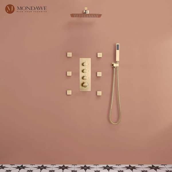 Luxury 3-Spray Patterns Thermostatic 12 in. Wall Mount Rainfall Dual Shower Heads with 6-Body Spray in Brushed Golden