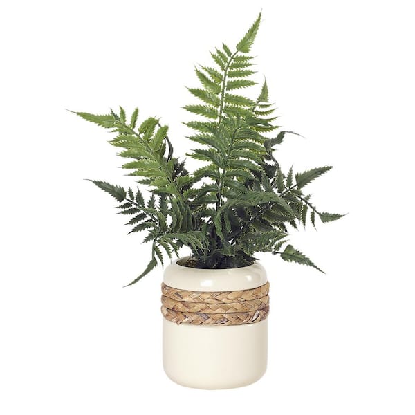 D&W Silks Indoor Artificial Leather Fern in Ceramic Planter with Braided Detail