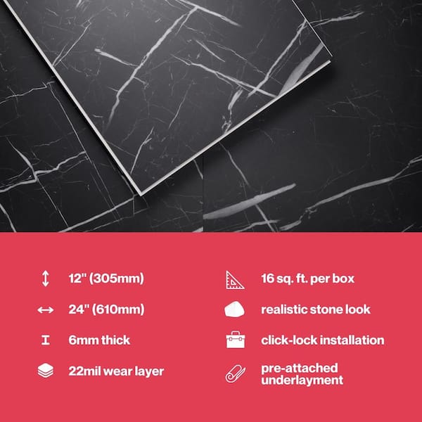 Lucida USA Nero Marquina Black Marble Look 22-mil x 12-in W x 24-in L Waterproof Interlocking Luxury Vinyl Tile Flooring (16-sq ft/ Carton)
