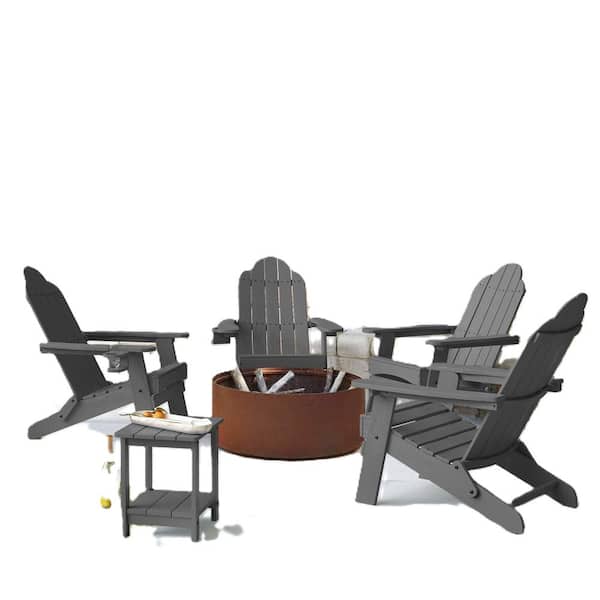 LUE BONA Dark Gray Folding Outdoor Plastic Adirondack Chair with Cup Holder Weather Resistant Patio Fire Pit Chair Set of 4